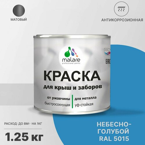 Краска Malare для металлического забора, для крыши из металла, для металлочерепицы, антикоррозионная, матовый, небесно-голубой, 1,25 кг. фото, описание