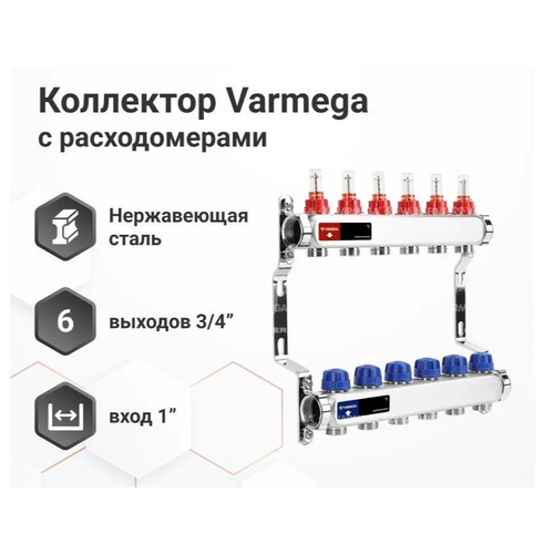 VARMEGA Коллектор из нержавеющей стали с расходомерами 6 выходов / контуров / отводов VM15106 фото, описание