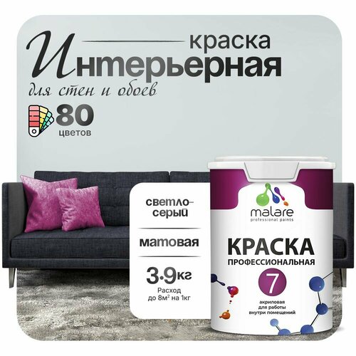 Краска акриловая (АК) Malare Профессиональная № 7 матовая светло-серый 2.7 л 3.9 кг фото, описание