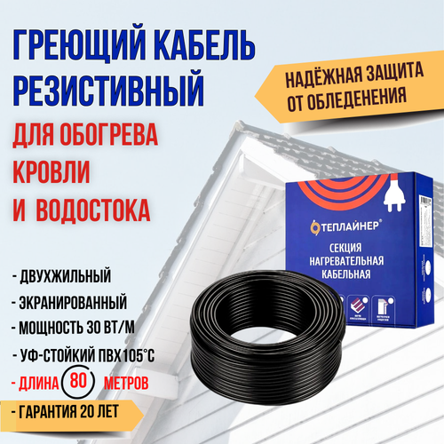 Греющий кабель резистивный для водостока и крыши Теплайнер Roof СНК, 2400 Вт, 80 м фото, описание