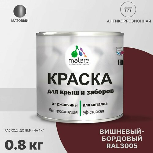 Краска Malare для металлического забора, для крыши из металла, для металлочерепицы, антикоррозионная, матовый, вишнево-бордовый, 0,8 кг. фото, описание