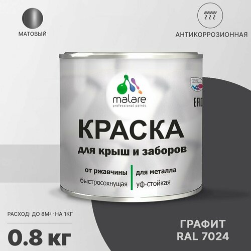 Краска Malare для металлического забора, для крыши из металла, для металлочерепицы, антикоррозионная, матовый, графитово-серый(темный), 0,8 кг. фото, описание