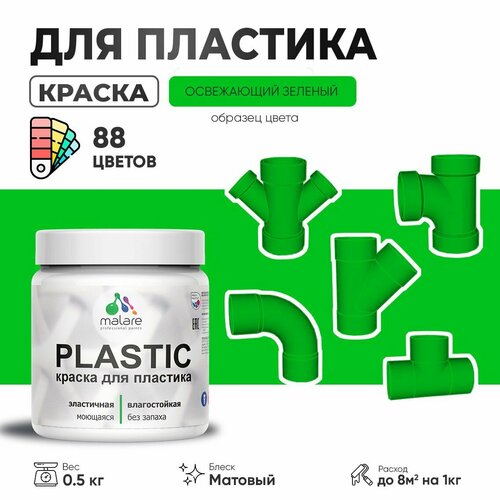 Акриловая краска для пластика Malare Plastic для пенопласта ПВХ сайдинга, для подоконников и откосов, быстросохнущая без запаха, матовая, освежающий зеленый, 0.5 кг фото, описание