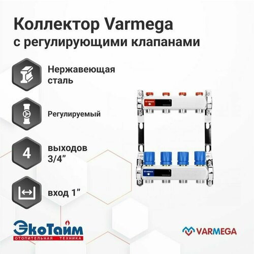 VARMEGA Коллектор из нержавеющей стали с регулирующими клапанами 4 выхода / контура / отвода VM15504 фото, описание