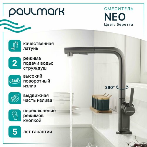 Смеситель для кухни с гибким выдвижным изливом Paulmark-Starke NEO, высокий поворотный излив, режимы струя / душ, однорычажный, латунь, на мойку / столешницу, беретта, Ne214419-B фото, описание