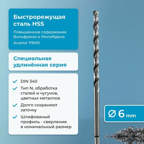 Сверло по металлу 6 мм NORGAU Industrial HSS удлинённое, шлифованное, с центрирующей подточкой перемычки, правое, DIN 340 фото, описание