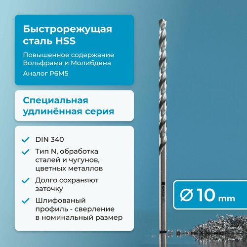 Сверло по металлу 10 мм NORGAU HSS удлинённое, шлифованное, с центрирующей подточкой перемычки, правое, DIN 340 фото, описание