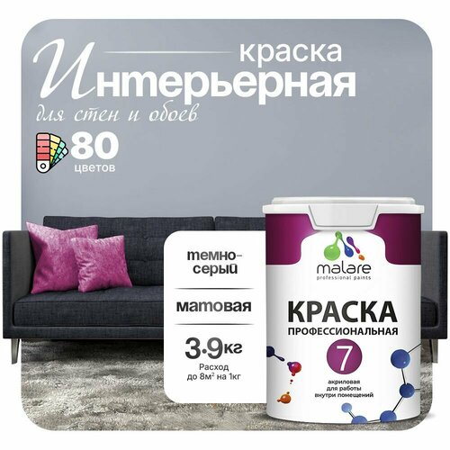 Краска акриловая (АК) Malare Профессиональная № 7 матовая темно-серый 2.7 л 3.9 кг фото, описание