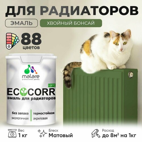 Эмаль Malare EcoCorr для труб и радиаторов отопления, для батарей отопления, быстросохнущая, без запаха, матовая, хвойный бонсай, 1 кг. фото, описание