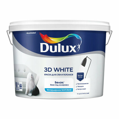 Краска DULUX 3D для стен и потолков, матовая, белая 9л фото, описание