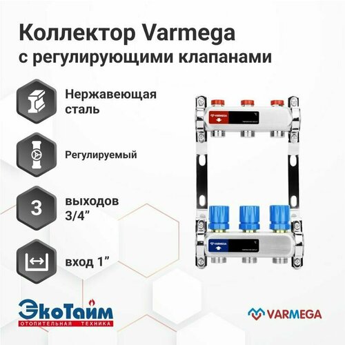 VARMEGA Коллектор из нержавеющей стали с регулирующими клапанами 3 выхода / контура / отвода VM15503 фото, описание