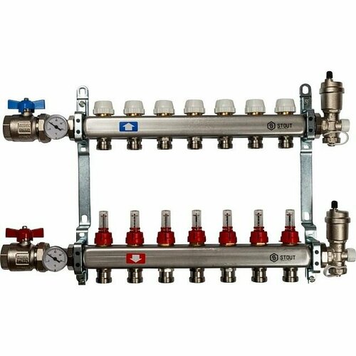Коллектор из нержавеющей стали с расходомерами, с шаровыми кранами, клапаном выпуска воздуха и сливом на 7 выходов, STOUT, SMS-0907-000007 фото, описание