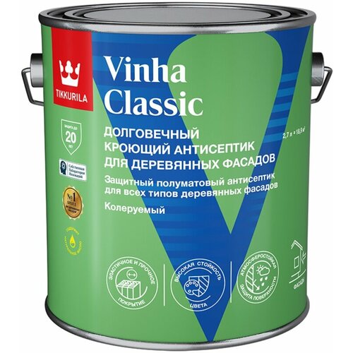 Антисептик для деревянных фасадов Tikkurila Vinha Classic, полуматовый, белый, 2,7 л фото, описание