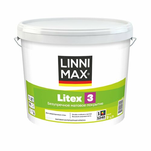 Краска интерьерная Linnimax Litex 3, матовая, база 1, белая, 9 л фото, описание