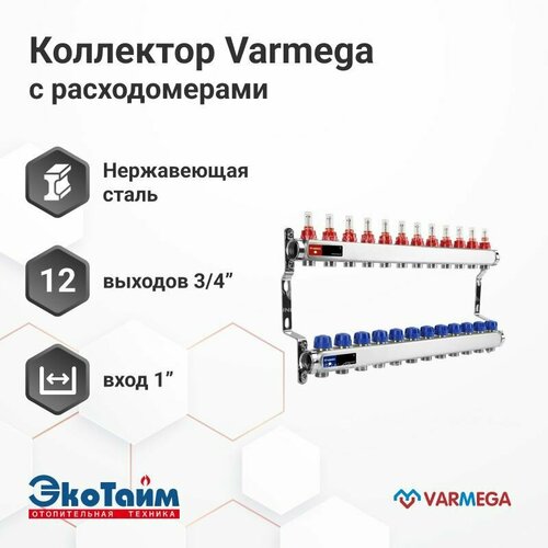 VARMEGA Коллектор из нержавеющей стали с расходомерами 12 выходов / контуров / отводов VM15112 фото, описание