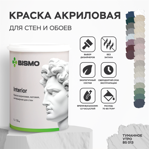 Краска интерьерная для стен и потолков Bismo моющаяся, акриловая, быстросохнущая, без запаха, Туманное утро, 1,5 кг (а) фото, описание