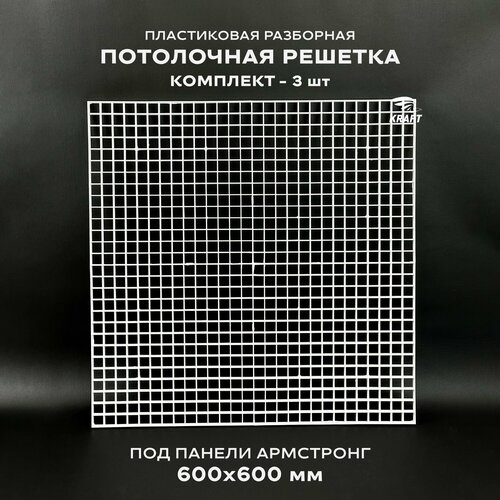 Пластиковая потолочная решетка под панели Армстронг 595х595 мм (600х600) ячейка 20х20мм, разборная из белого ABS пластика, комплект из 3 штук фото, описание