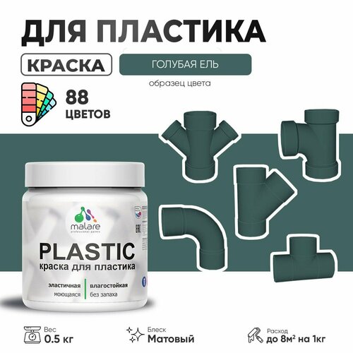 Акриловая краска для пластика Malare Plastic для пенопласта ПВХ сайдинга, для подоконников и откосов, быстросохнущая без запаха, матовая, голубая ель, 0.5 кг фото, описание