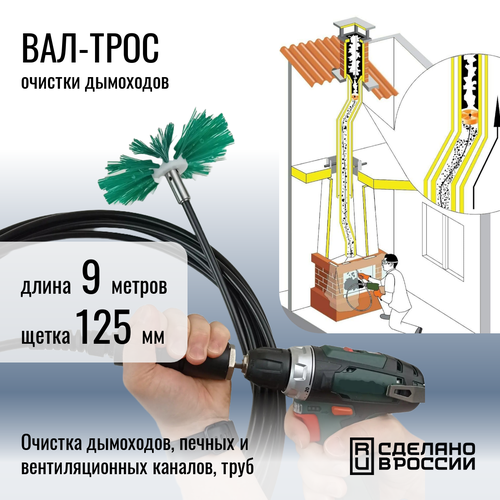 Вал-трос для механической чистки дымоходов и вентиляции. Длина 9 м. + щетка диаметр 125 мм. фото, описание