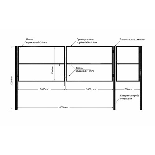 Входная группа (Ворота 4,0х1,5м распашные + калитка 1,0х1,5м), цвет черный (только каркас). фото, описание