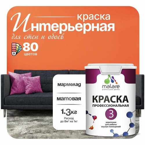 Краска акриловая (АК) Malare Professional №3 для стен и потолков матовая Мармелад 1 л 1.3 кг фото, описание