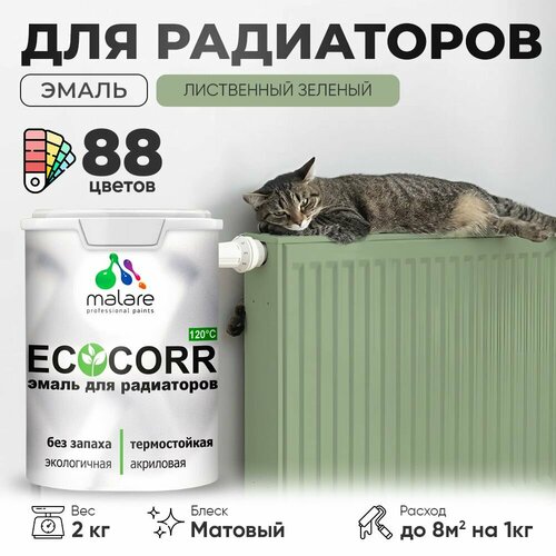 Эмаль Malare EcoCorr для труб и радиаторов отопления, для батарей отопления, быстросохнущая, без запаха, матовая, лиственный зеленый, 2 кг. фото, описание