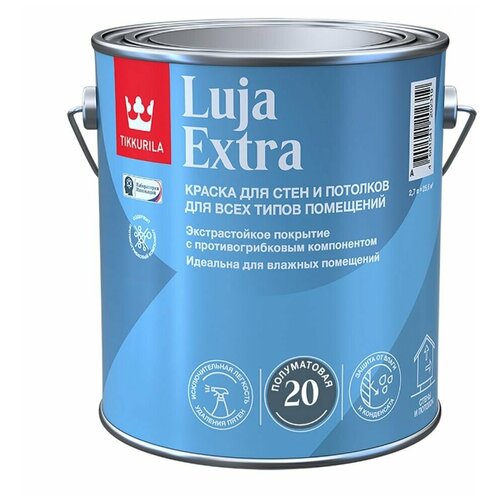 Краска противогрибковая экстрастойкая для влажных помещений Tikkurila Luja Extra 20 (2,7л) А (белая и под колеровку) фото, описание