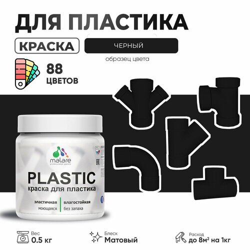 Акриловая краска для пластика Malare Plastic для пенопласта ПВХ сайдинга, для подоконников и откосов, быстросохнущая без запаха, матовая, черный, 0.5 кг фото, описание