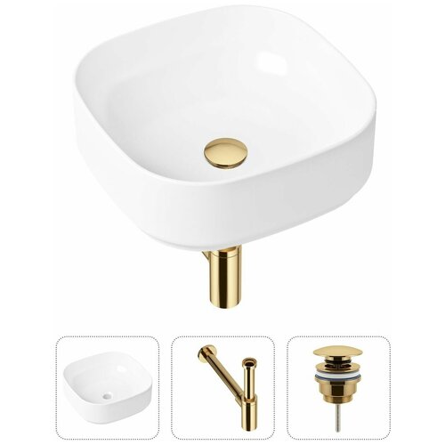 Накладная раковина в ванную Lavinia Boho Bathroom Sink Slim 21520226 в комплекте 3 в 1: умывальник белый, донный клапан и сифон в цвете золото фото, описание