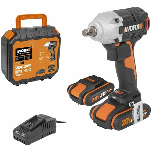 Гайковерт аккумуляторный WORX WX272, 20В, бесщеточный, 2Ач x2, кейс фото, описание