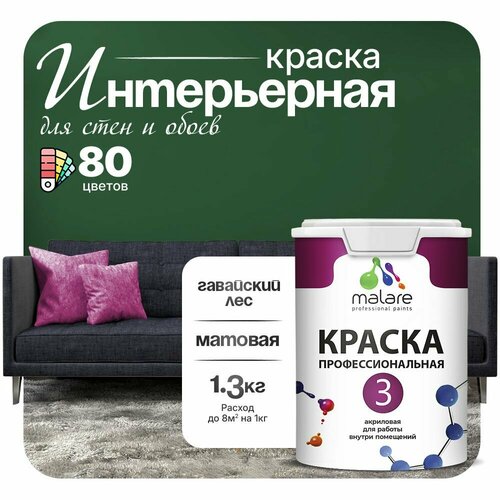 Краска акриловая (АК) Malare Professional №3 для стен и потолков матовая гавайский лес 1 л 1.3 кг фото, описание