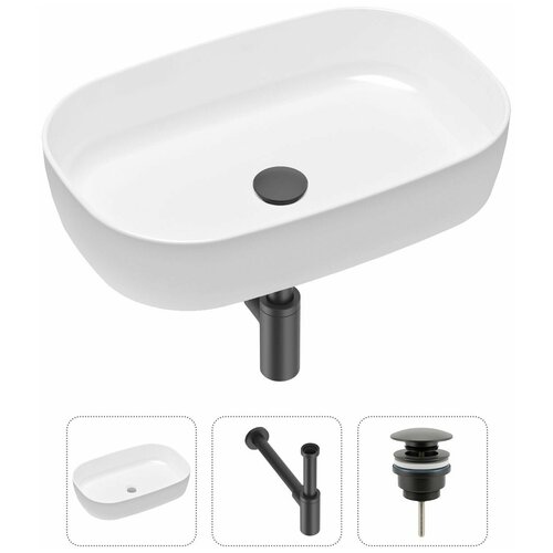 Накладная раковина в ванную Lavinia Boho Bathroom Sink Slim 21520062 в комплекте 3 в 1: умывальник белый, донный клапан и сифон в цвете матовый черный фото, описание