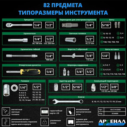 Набор инструментов в кейсе Арсенал C1412K82, 82 предм., зеленый, 1 уп. фото, описание