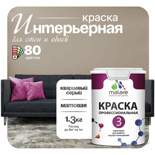 Краска акриловая (АК) Malare Professional №3 для стен и потолков матовая кварцевый серый 1 л 1.3 кг фото, описание