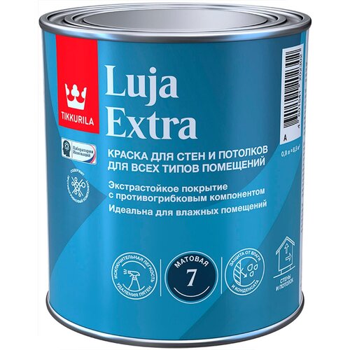 Краска противогрибковая экстрастойкая для влажных помещений Tikkurila Luja Extra 7 матовая (0,9л) А (белая и под колеровку) фото, описание