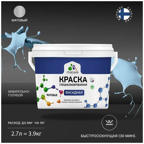 Краска акриловая (АК) Malare Professional фасадная матовая акварельно-голубой 2.7 л 3.9 кг фото, описание