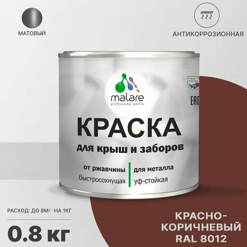 Краска Malare для металлического забора, для крыши из металла, для металлочерепицы, антикоррозионная, матовый, красно-коричневый, 0,8 кг. фото, описание