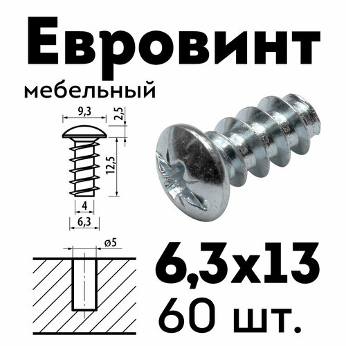 Евровинт еврошуруп 6,3х13, 60 шт, полукруглая головка фото, описание