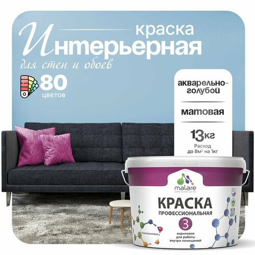 Краска акриловая (АК) Malare Professional №3 для стен и потолков матовая акварельно-голубой 9 л 13 кг фото, описание