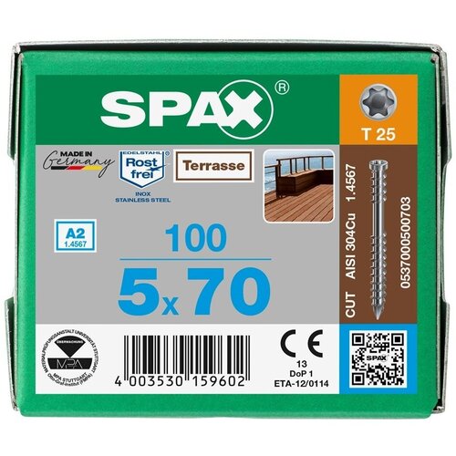 Spax-D для террасной доски 5*70мм 0537000500703 нержавейка А2 (100 шт), T-25 фото, описание