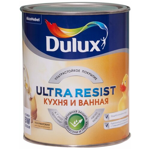 Краска латексная Dulux Ultra Resist Кухня и ванная полуматовая бесцветный 2.25 л 3.03 кг фото, описание