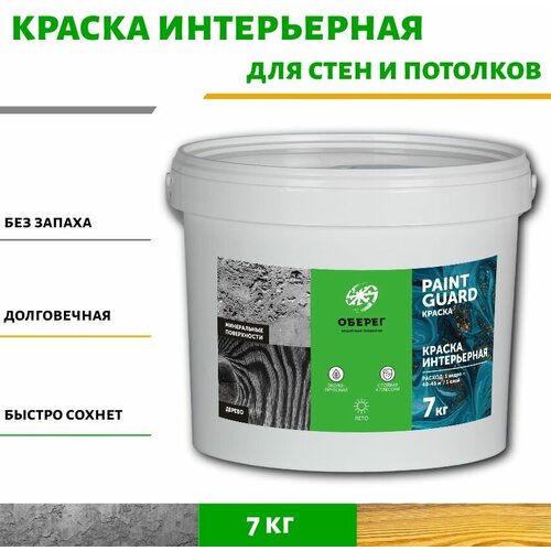 Краска интерьерная для стен и мебели белая PaintGuard - 5л/7кг фото, описание