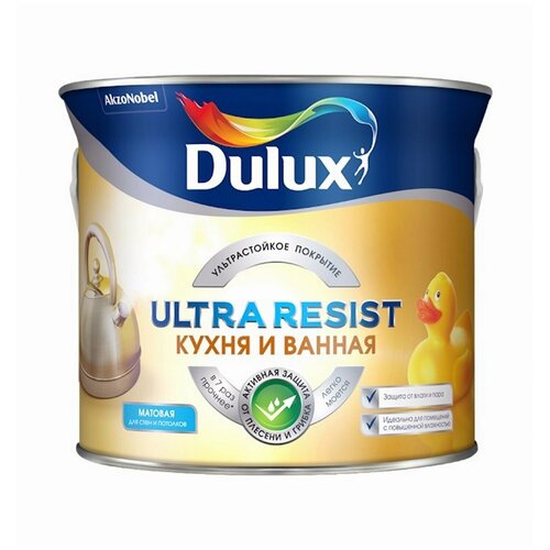 Краска латексная Dulux Ultra Resist Кухня и ванная матовая бесцветный 2.25 л 3.193 кг фото, описание