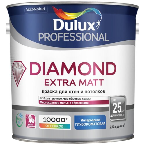 Краска водно-дисперсионная Dulux Diamond Extra Mat  для стен и потолков база глубокоматовая белый 2.5 л фото, описание