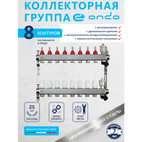 Коллекторная группа ONDO на 8 выходов с расходомерами и термостатическими клапанами в сборе с автоматическим воздухоотводчиком, нержавеющая сталь фото, описание