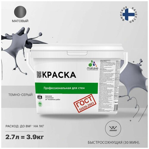 Краска водно-дисперсионная Malare Профессиональная для стен и потолков, ГОСТ матовая темно-серый 2.7 л 3.9 кг фото, описание