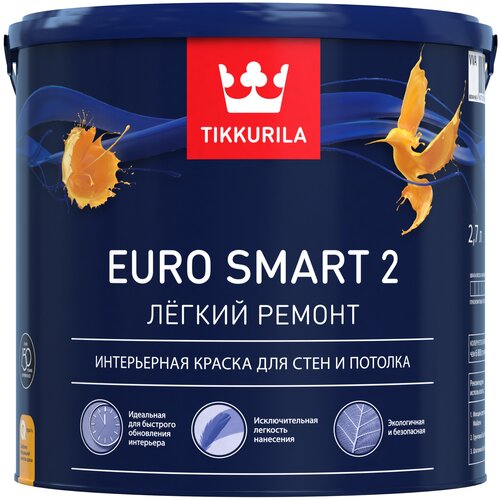 Краска акриловая (АК) Tikkurila интерьерная Euro Smart 2 глубокоматовая белый 2.7 л 4 кг фото, описание