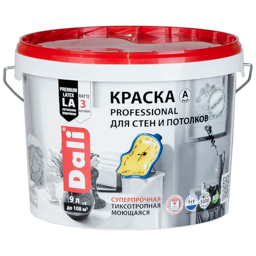 Краска акриловая (АК) DALI Professional для стен и потолков глубокоматовая бесцветный 9 л 9.1 кг фото, описание