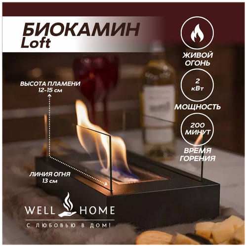 Биокамин WellHome настольный, камин декоративный, черный, прямоугольный фото, описание