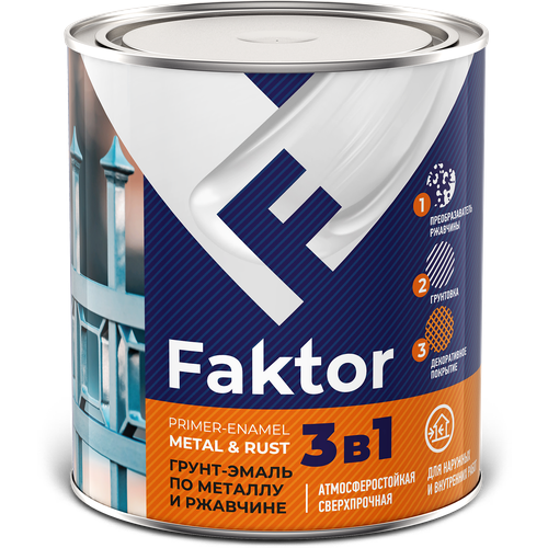 Faktor Грунт-эмаль FAKTOR на ржавчину 3 в 1 серая, банка 0,8 кг фото, описание